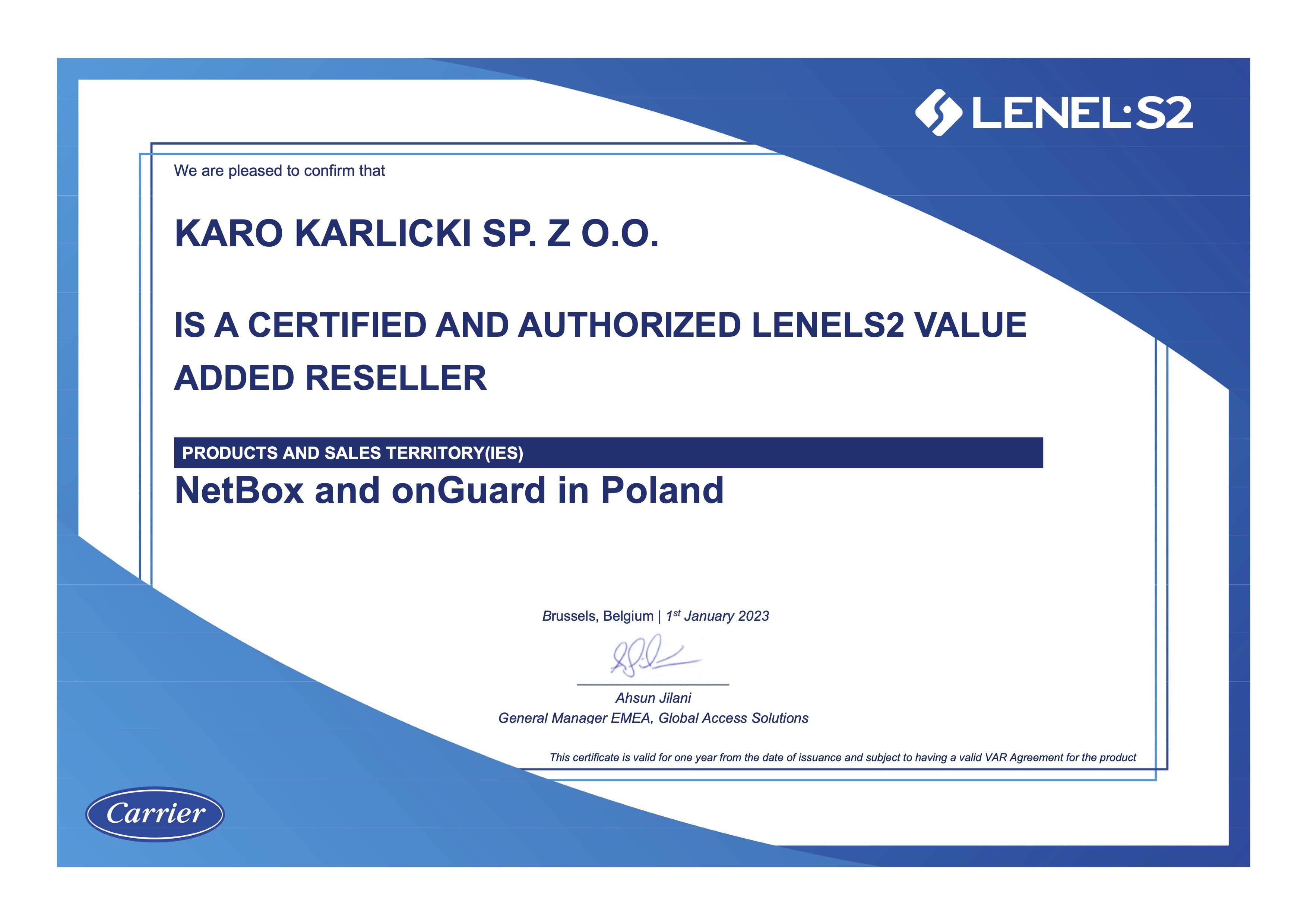 LenelS2 VAR Certificate 2023 - Karo
